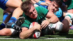 <p>Alex Kendellen dives over to score a try at Cardiff Arms Park. Photo by Chris Fairweather/Sportsfile</p>