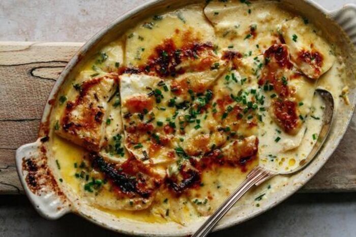 Celeriac gratin with cheddar and chives