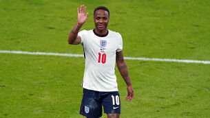 <p>Raheem Sterling celebrates at the final whistle.</p>