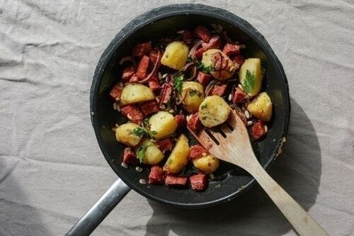 Potato hash with Italian sausage and good cheese