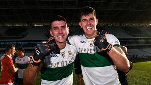<p>22 November 2020; Colin O'Riordan and Steven O'Brien of Tipperary celebrate after the Munster GAA Football Senior Championship Final match between Cork and Tipperary at Páirc Uí Chaoimh in Cork. Photo by Ray McManus/Sportsfile</p>