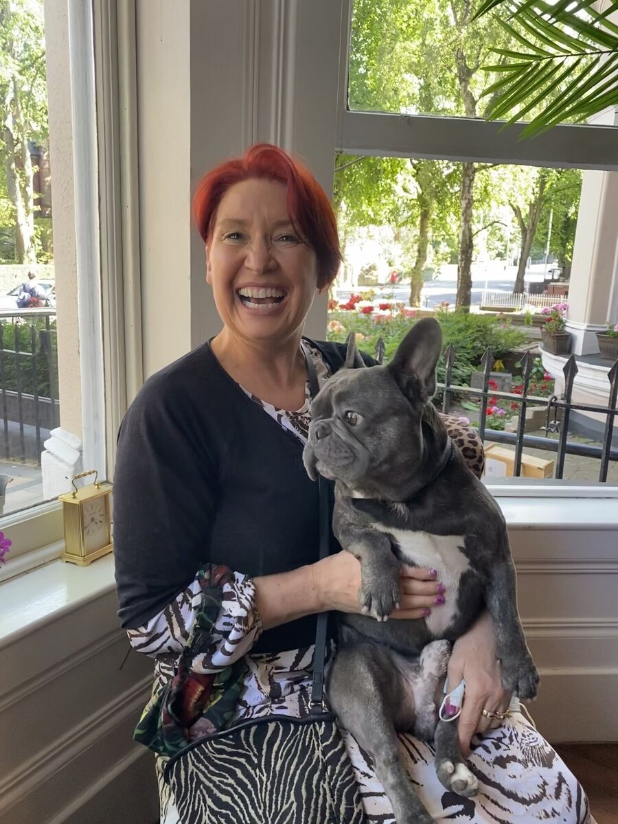 Mel Harrison, proprietor, The Harrison, Belfast, with CFO (Chief Frenchie Officer) Blue.