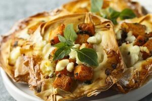 Pumpkin, apricot and brie savoury tarts