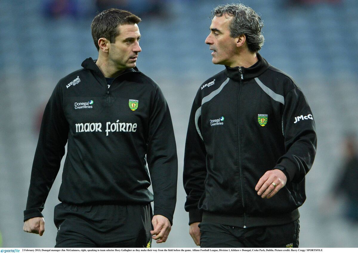 2 February 2013; Donegal manager Jim McGuinness, right, speaking to team selector Rory Gallagher as they make their way from the field before the game. Allianz Football League, Division 1, Kildare v Donegal, Croke Park, Dublin. Picture credit: Barry Cregg / SPORTSFILE