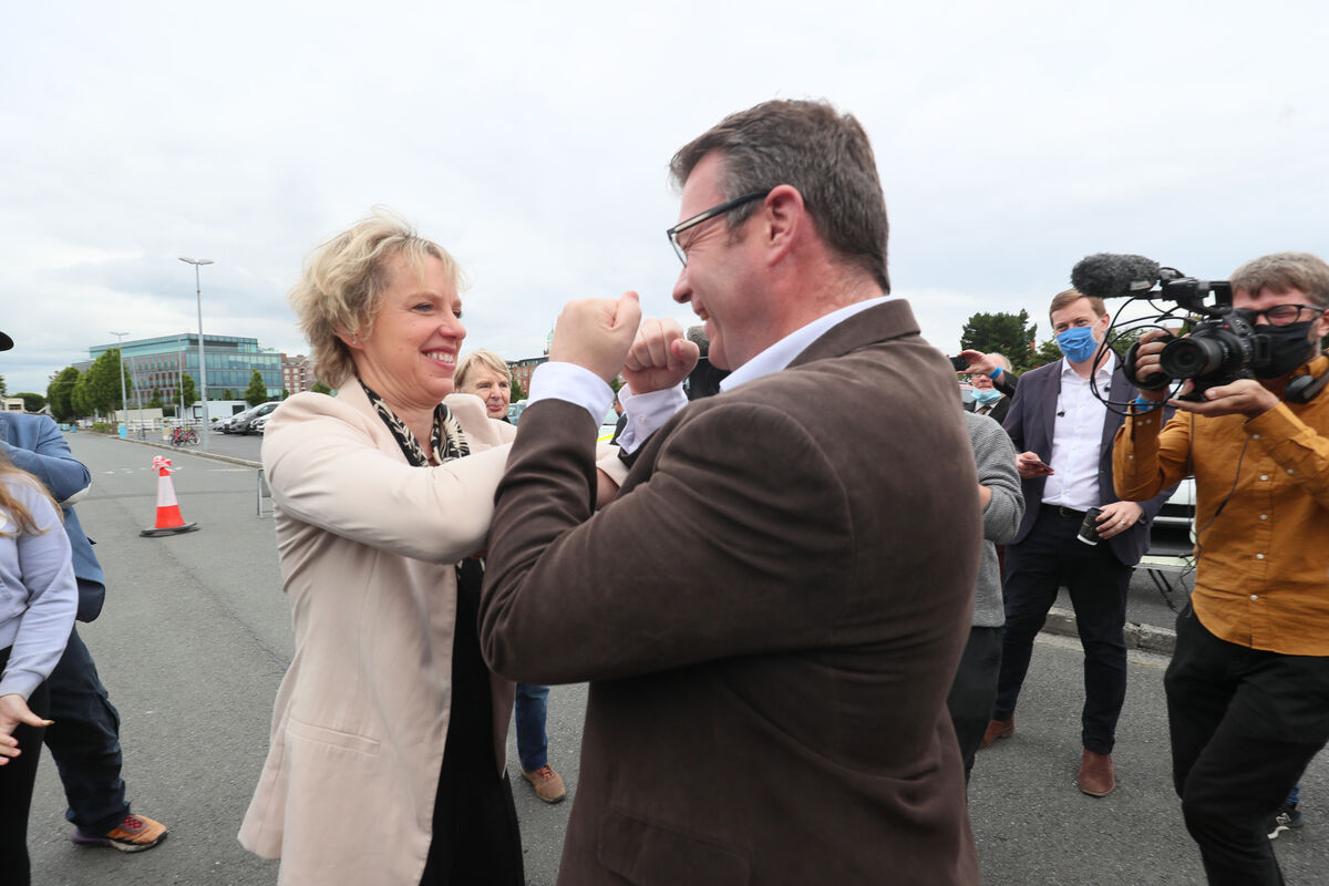 Labour Candidate Ivana Bacik elbow bumps Labour leader Alan Kelly as she arrives at the count centre. Picture: Brian Lawless/PA Wire