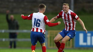 <p>William Armshaw of Treaty United, left, celebrates after scoring. Photo by Michael P Ryan/Sportsfile</p>