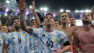 <p>Argentina's Lionel Messi and teammates Sergio Aguero, Giovani Lo Celso) and Rodrigo De Paul celebrate after winning the Copa America against Brazil at the Maracana Stadium.  </p>
