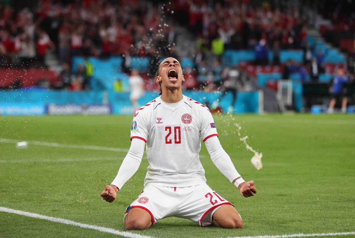 Yussuf Poulsen of Denmark celebrates after scoring their side's second goal against Russia. Picture: Friedemann Vogel/ Pool via Getty Images Yussuf Poulsen of Denmark celebrates after scoring their side's second goal against Russia. Picture: Friedemann Vogel/ Pool via Getty Images