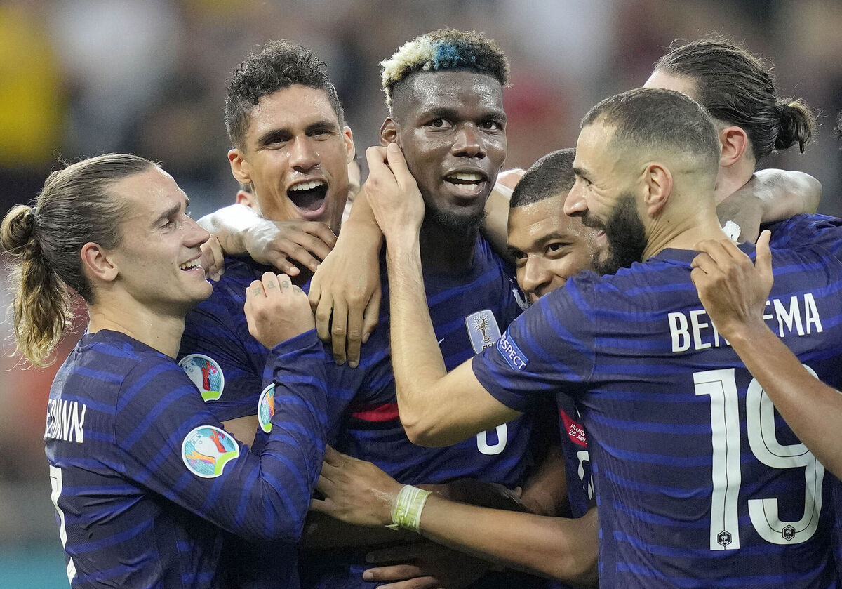 France's Paul Pogba celebrates with teammates scoring his side's third goal during the Euro 2020 soccer championship round of 16 match against Switzerland. Picture: AP Photo/Vadim Ghirda, Pool France's Paul Pogba celebrates with teammates scoring his side's third goal during the Euro 2020 soccer championship round of 16 match against Switzerland. Picture: AP Photo/Vadim Ghirda, Pool