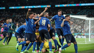 <p>Italy players celebrate winning the penalty shoot-out. Picture: Nick Potts</p>