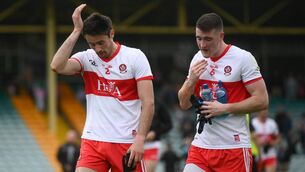 <p>DERRY DISAPPOINTMENT: Dejcted Chrissy McKaigue, left, and Gareth McKinless of Derry after their one point Ulster SFC defeat to Donegal. Pic: Stephen McCarthy/Sportsfile</p>