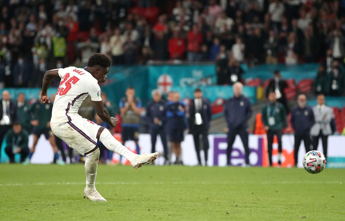 Mr Varadkar also condemned the racist messages sent to English players, particularly Marcus Rashford, Jadon Sancho and Bukayo Saka, pictured, all of whom missed penalties in last night's shoot-out