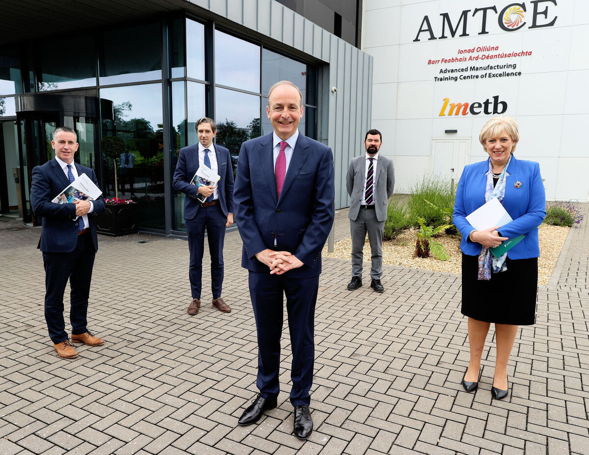 Minister of State with responsibility for Business and Employment Damien English, Minister for Further and Higher Education, Research, Innovation and Science, Simon Harris, the Taoiseach Micheál Martin, Minister O'Brien, Minister in the Department of Rural and Community Development and Minister for Social Protection Heather Humphreys at the Louth Meath Education Training Board (LMETB) in Dundalk today. Photo: Maxwells