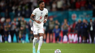 <p>Marcus Rashford on the run up to his penalty. Picture: Nick Potts/PA</p>