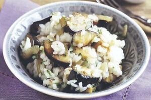 Miso aubergines with rice and salad