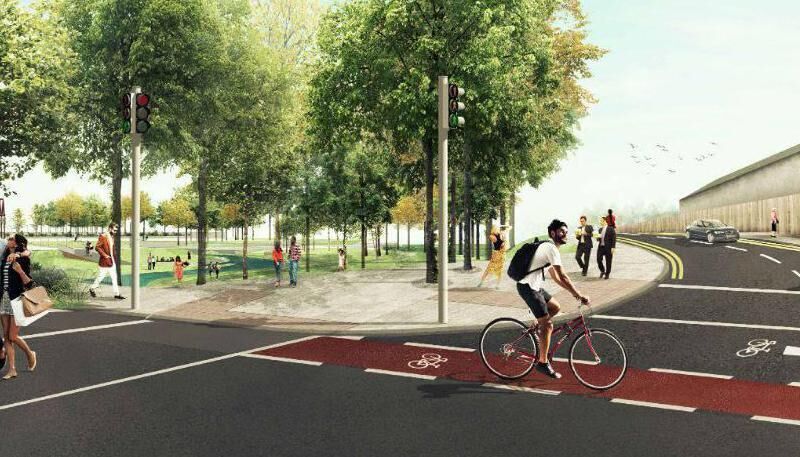 The proposed upgrade of the junction of Monahan Rd and Marquee Rd, with the Suttons Coal yard site on the right. 