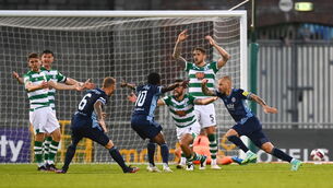 <p>Slovan Bratislava Vladimír Weiss, son of the manager with the same name, celebrates after scoring against Shamrock Rovers on Tuesday night. Picture: Eóin Noonan/Sportsfile</p>