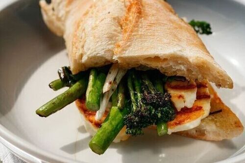 Halloumi, broccoli and spring onion sandwich with lime and coriander mayo