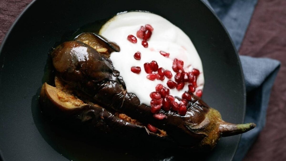 Deeply spiced aubergine with yoghurt dressing