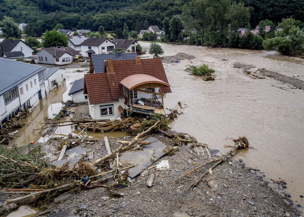 A damaged house is seen at the Ahr river in Insul, western Germany. Picture: AP Photo/Michael Probst A damaged house is seen at the Ahr river in Insul, western Germany. Picture: AP Photo/Michael Probst