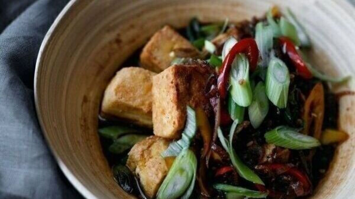 Crispy tofu in a black pepper sauce