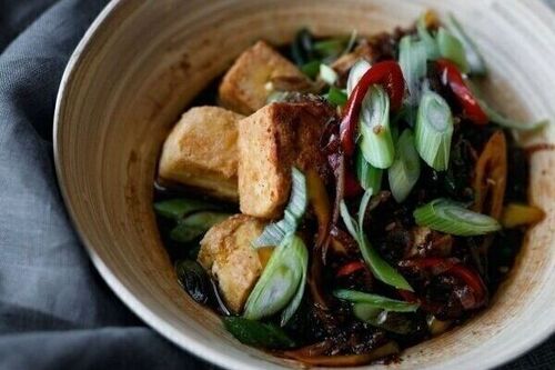 Crispy tofu in a black pepper sauce