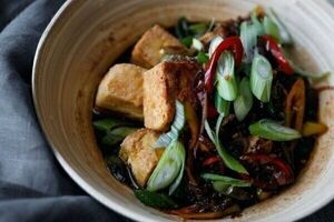 Crispy tofu in a black pepper sauce