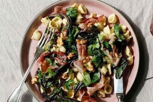 Orecchiette with Ricotta, beetroot tops, speck and walnuts