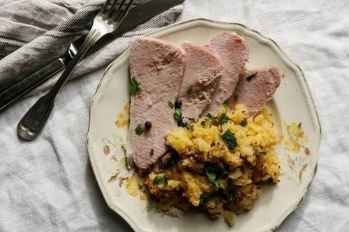 Ham with mustard swede mash