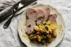 Ham with mustard swede mash