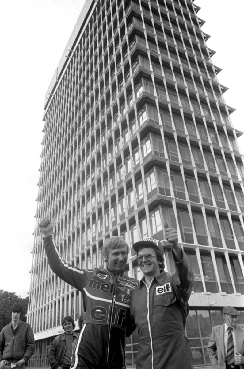 Celebrating the Irish Landspeed record on Cork's Carrigrohane Road in 1981. Photo: Denis Minihane