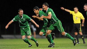 <p>CLOCKWISE FROM LEFT: Anthony O’Connor celebrates with team-mates Anthony Forde and John Egan after scoring Ireland’s second goal during the European U19 Championship Group A match against Greece in Bucharest. Pictures: Stephen McCarthy</p>