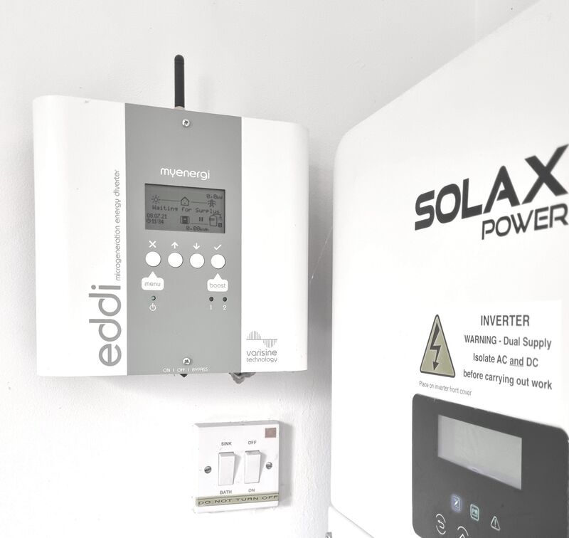 If you already have PV solar panels making electricity for your home, a dedicated water diverter can do the work of solar thermal, contributing to your everyday water needs using solar energy directly (not drawing from your battery). The Eddie diverter for wind turbines and grid-tied PV is a familiar name here in Ireland.