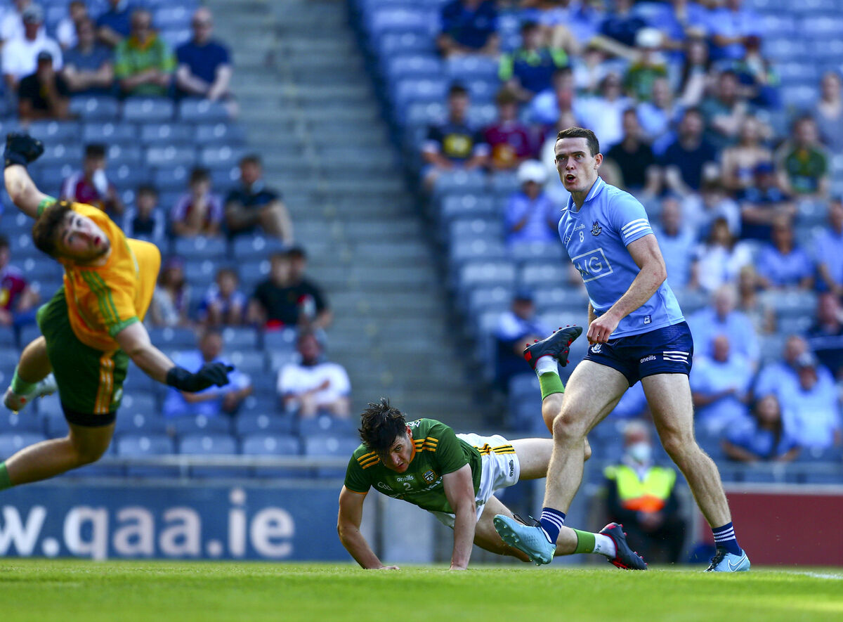 Dublin's Brian Fenton watches as his shot is saved by Harry Hogan of Meath. Picture: INPHO/Ken Sutton