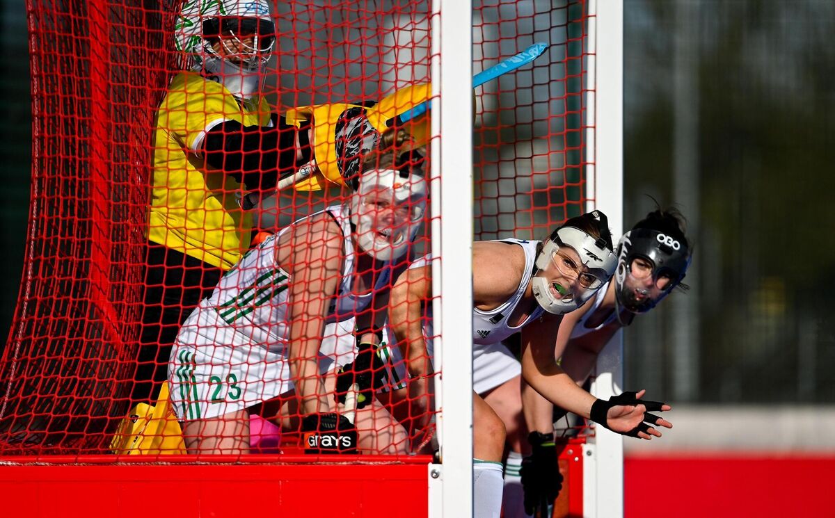 Ireland goalkeeper Ayeisha McFerran, and team-mates, from left, Hannah Matthews, Katie Mullan and Roisin Upton prepare to defend a penalty corner during the SoftCo Series International Hockey match against Great Britain. Picture: Ramsey Cardy/Sportsfile