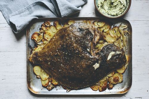 Baked Plaice, Turbot or Brill with potatoes, fennel and herb butter