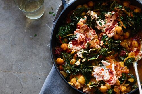 Anna Jones’s quick chickpea braise with kale and harissa