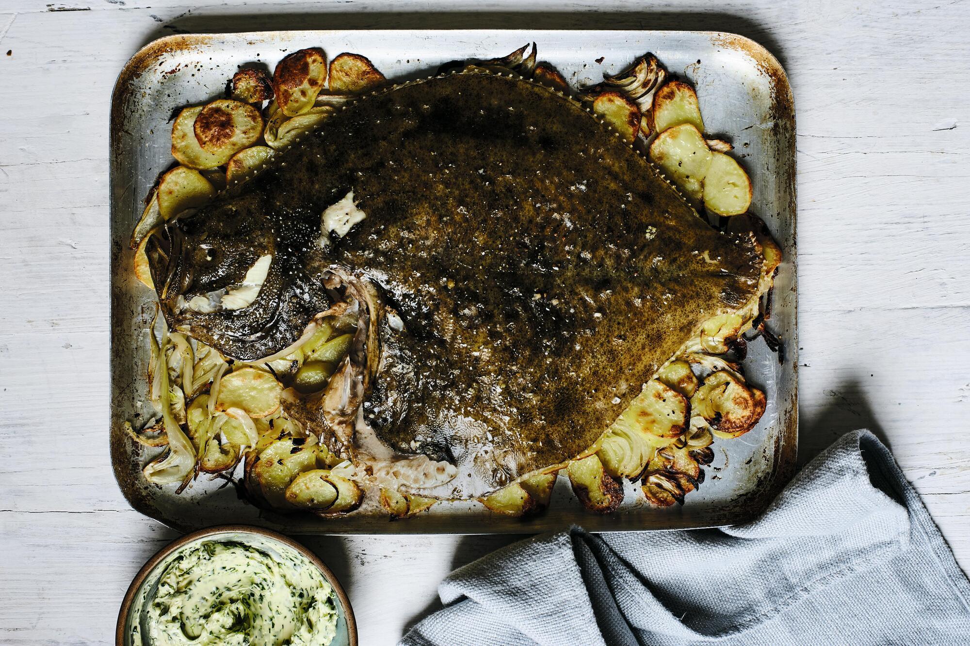 
                
                    Baked Plaice, Turbot or Brill with Potatoes, Fennel and Herb Butter (Kyle Books)
                
            