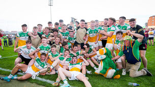 <p>The Offaly team celebrate as U20 Leinster champions. Picture: INPHO/Lorraine O’Sullivan</p>