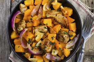 Butternut squash hot pot with chicken wings and red onion