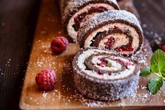 Chocolate and crushed raspberry roulade