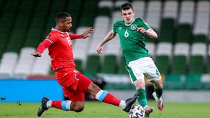 <p>Luxembourg's Marvin da Graça with Jason Knight of Ireland. Picture: INPHO/Tommy Dickson</p>