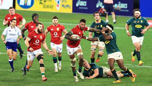 <p class="contextmenu internal_Caption">Courtney Lawes, who was outstanding throughout for the British &amp; Irish Lions, hands off South Africa’s Siya Kolisi during the 1st Test at Cape Town Stadium. Picture: David Rogers</p>