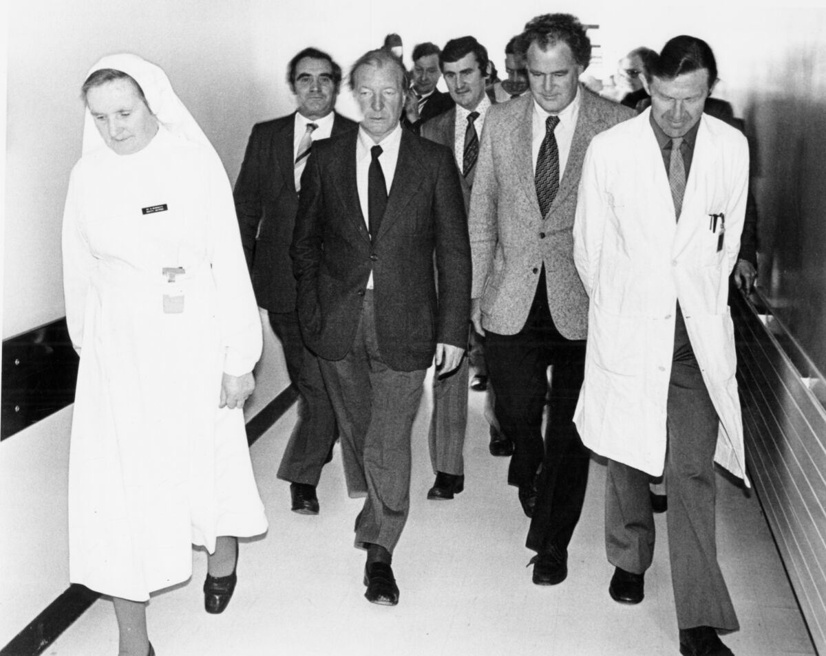 Charles Haughey visits rail crash casualties at the Regional Hospital Cork.