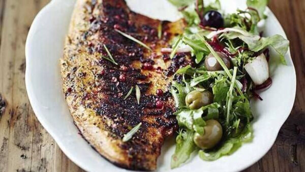 Spiced flat fish with a red onion salad