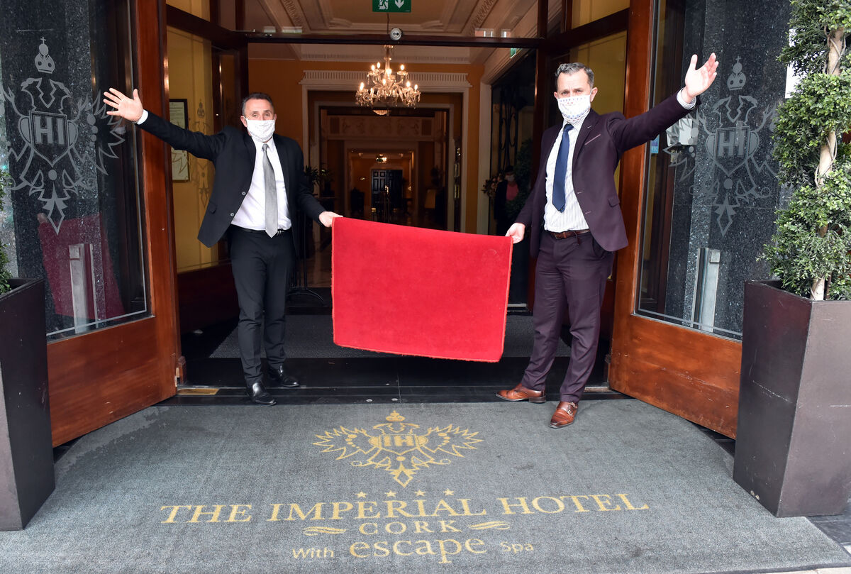 Bastien Peyraud and James Gunter roll out the red carpet to welcome customers back to the Imperial Hotel in June.