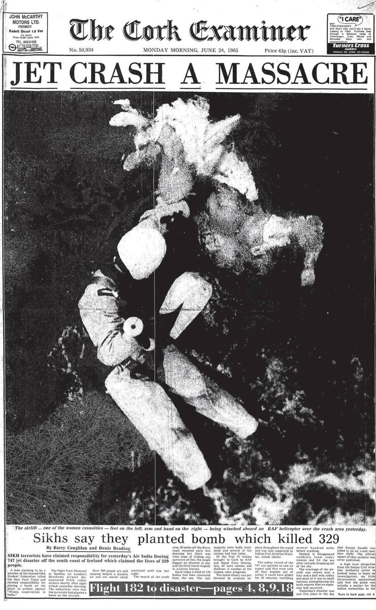 The front page of the following Monday's Cork Examiner - showing one of the victims being winched aboard an RAF helicopter The front page of the following Monday's Cork Examiner - showing one of the victims being winched aboard an RAF helicopter