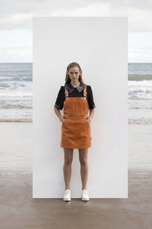 ‘Parker’ leather dungaree dress, €350; ‘Alexa’ top, €199, Manley ‘Parker’ leather dungaree dress, €350; ‘Alexa’ top, €199, Manley