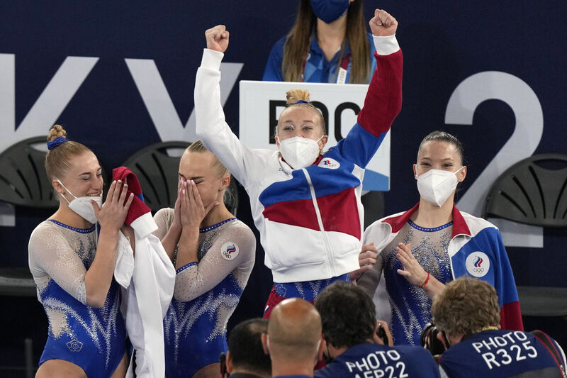 Russian Olympic Committee's artistic gymnastics women's team, from left, Liliia Akhaimova, Angelina Melnikova, Viktoriia Listunova, and Vladislava Urazova celebrate. (AP Photo/Natacha Pisarenko) Russian Olympic Committee's artistic gymnastics women's team, from left, Liliia Akhaimova, Angelina Melnikova, Viktoriia Listunova, and Vladislava Urazova celebrate. (AP Photo/Natacha Pisarenko)