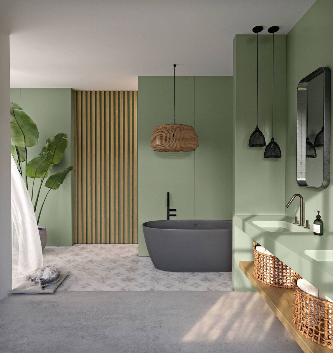 Silestone Sunlit Days Posidonia Green bathroom.